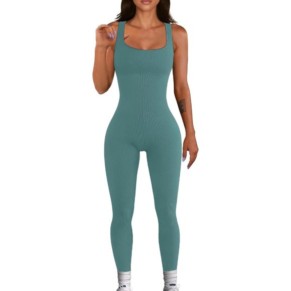Women Blue One Piece Square Neck Yoga Ribbed Bodycon Leggings Romper - Picture 1 of 5